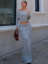 Knitted One-Shoulder Long Sleeves Sweater Skirt Suit