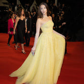 Beaded Yellow Halter Evening Dress with Gloves