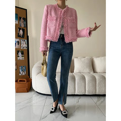 Pink Fringe Fur Shoulder Pad Tweed Blazer