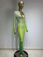 Green Gradient Midi Dress Shimmering Rhinestones & Bold Style