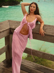 Mesh Irregular Ruffles Backless Tops and Long Skirts Suits