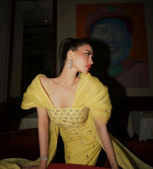 Beaded Yellow Evening Gown with Cape Sleeves