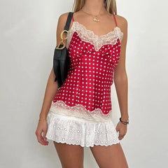 Lace Patchwork Dot Print Sleeveless Cami Tops