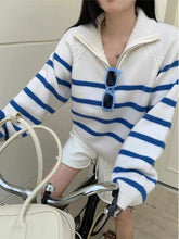 Blue Stripe Zipper Mock Neck Pullover