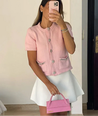 Women's Pink Short Sleeve Rhinestone Cardigan