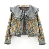 Jacquard Denim Jacket Peter Pan Collar Outwear