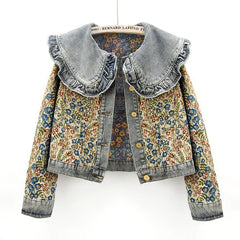 Jacquard Denim Jacket Peter Pan Collar Outwear