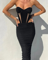 Patchwork Strapless Black Maxi Dress