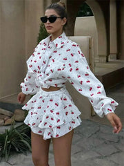 Ruffled Printed Long Sleeve Top and Shorts Sets