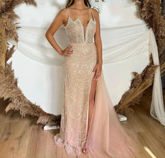 Mermaid Pearls Spaghetti Strap Side Slit Prom Gown