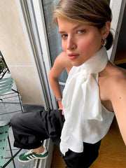 White Turtleneck Twist Lace-Up Top