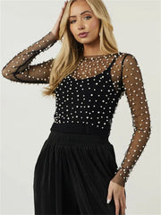 Long Sleeve Mesh Sheer Lace Pearls Top