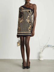 Printed Diagonal Neck Off One-Shoulder Patchwork Bead Dress