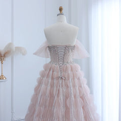 Crystal Princess Ball Gown Blush Pink Ruffles Evening Dress