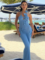 Floral Halter Maxi Dress Summer Splice Backless Design