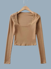 Women Long Sleeves Cotton Ribbed Square Neck Crop Top