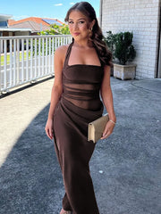 Mesh Patchwork Backless Halter Bodycon Gown