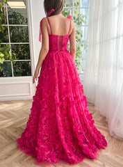 Flower Appliques Prom Dresses Tulle Side Split