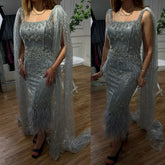 Silver Gray Mermaid Evening Dresses With Cape Feather