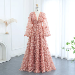 Blush Pink 3D Floral Evening Dress with Bell Sleeves
