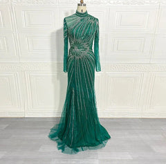 Yellow Mermaid Beading High-Neck Long Sleeves Handmade Gowns