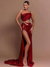One Shoulder Mesh Sequins Red Maxi Dress