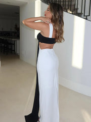 Patchwork Contrast Hollow Out Split Long Dress