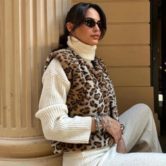 Leopard Print Faux Fur Sleeveless Jacket