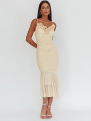 Two Layer Mesh Spaghetti Strap Backless Long Dress