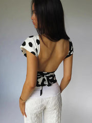 Contrast Polka Dot Cross Scarf Vest Two Wears Short Top