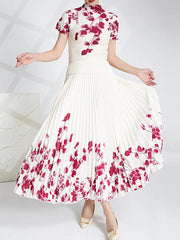 Printed Top and Pleated Long Skirt Suit