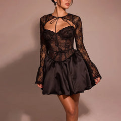Black Lace Long Sleeve Flare Mini Dress