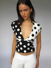 Contrast Polka Dot Cross Scarf Vest Two Wears Short Top