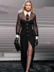 Lapel Mesh Patchwork Button Black Long Dress
