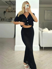 Knit Hollow Out Top and Long Skirt Suit