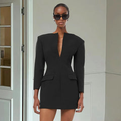 Black Solid Long Sleeve Blazer Dress