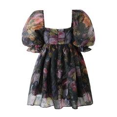 Black Floral Print Square Collar Puff Sleeve Mini Dress