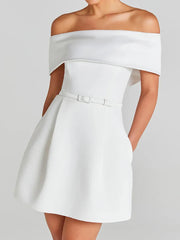Belt Patchwork Short Sleeve Off The Shoulder Dress