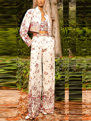 Red Flower Print Blazer Top Pant 3 pcs Suits