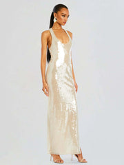 Glitzerndes, transparentes Pailletten-Maxikleid für Damen