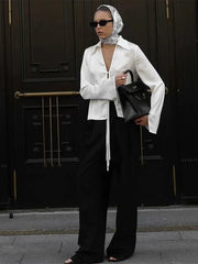 Satin Lace Up Long Sleeved Blouse