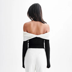 Off-Shoulder Patchwork Contrast Cropped Top