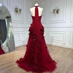 Red Flower Tulle Embroidered Strapless Maxi Dress