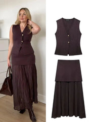 Button Knit Top Side Zipper Skirt Suit