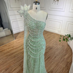 Pearl Embellished Sage Green Mermaid Evening Gown