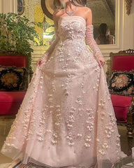 3D Flowers Strapless Evening Dress with Long Sleeves