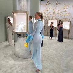 Ruffle Pleated Sleeve Blue Long Dress for Women