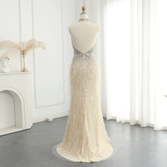 Beaded Feathers Mermaid Halter Backless Gown