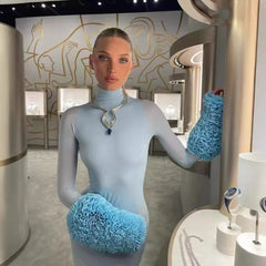 Ruffle Pleated Sleeve Blue Long Dress for Women