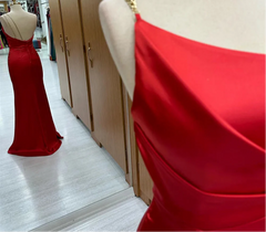 Red One Shoulder Mermaid Open Back Evening Dresses